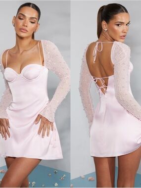 OH POLLY Geneva Long Sleeve Embellished A-Line Mini Dress In Pink